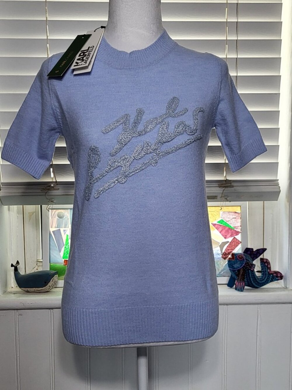 ✨Karl Lagerfeld Paris Light Blue Signature Script Logo Knit Top✨